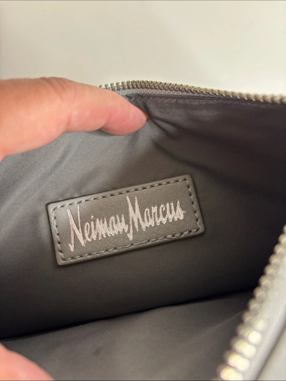 Neiman Marcus Gray Leather Clutch with Purple Snake-Embossed Pocket